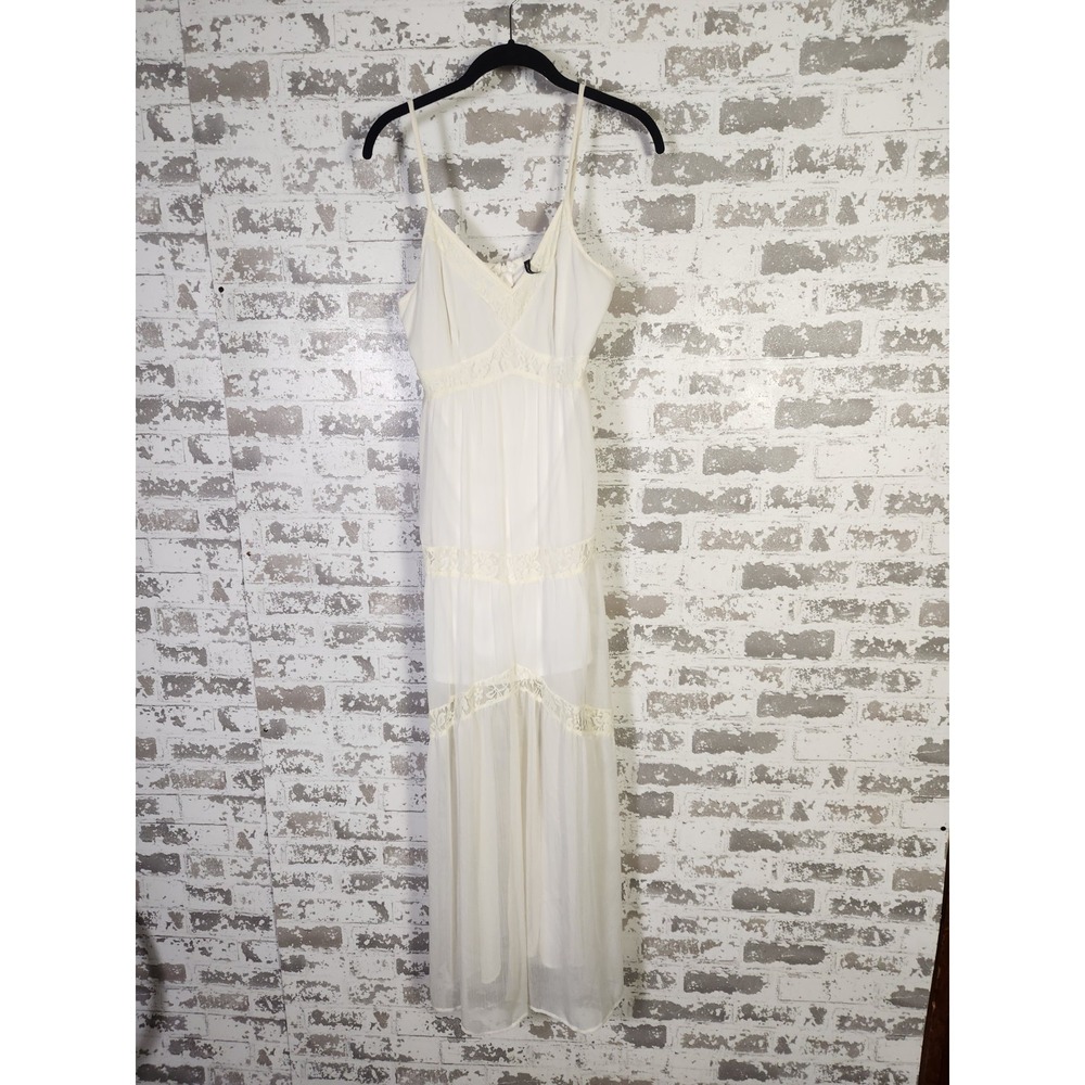 Boho Chic Maxi Cami Dress Medium White Sheer Lace Eyelet Summer Beach Wedding
